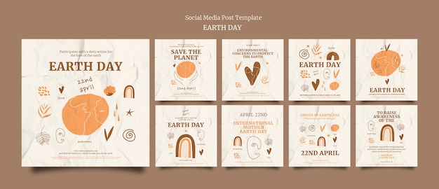 Publicaciones de instagram para el día de la tierra con textura de papel arrugado y elementos dibujados a mano