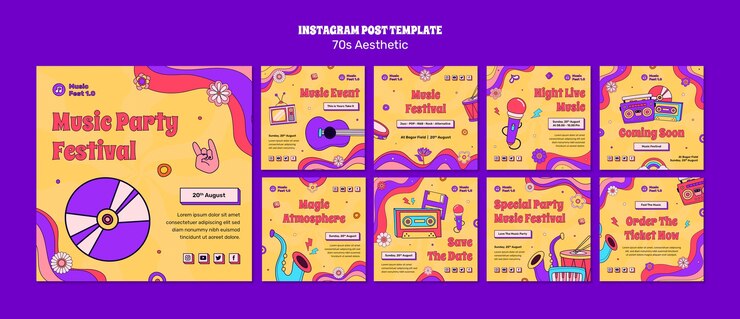 PSD publicaciones de instagram estéticas de los 70 dibujadas a mano
