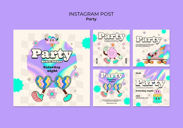 Las publicaciones de Instagram de la fiesta de diseño plano.