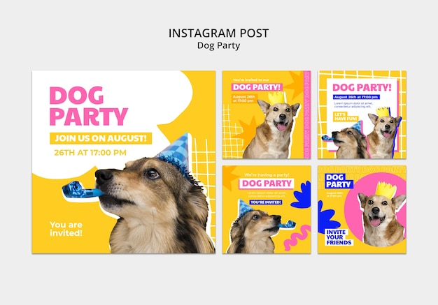 PSD publicaciones de instagram de fiesta de perros dibujadas a mano