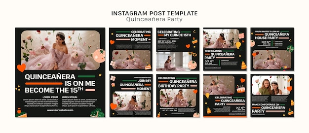 PSD publicaciones de instagram de fiesta de quinceañera de diseño plano