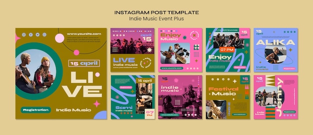 Publicaciones de instagram de música indie de diseño plano