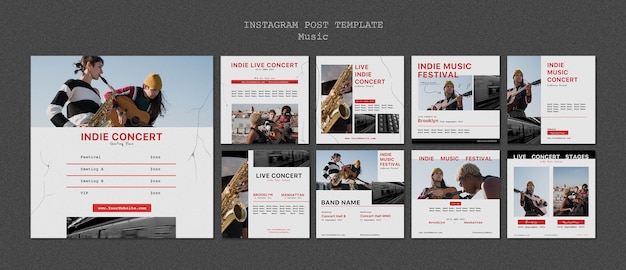PSD publicaciones de instagram de música indie de diseño plano