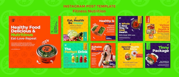 Publicaciones de instagram de nutrición fitness de diseño plano