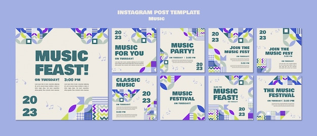Publicaciones de instagram de programa de música de diseño plano