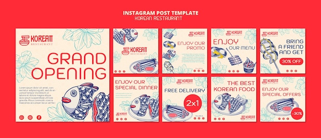 PSD publicaciones de instagram de restaurante coreano dibujadas a mano