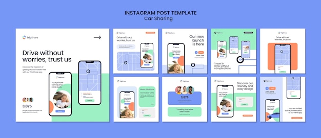 PSD publicaciones de instagram del servicio de coche compartido