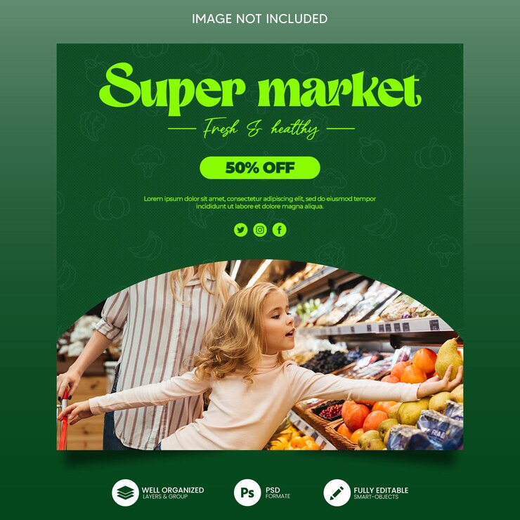 Publicaciones de instagram de supermercado de diseño plano
