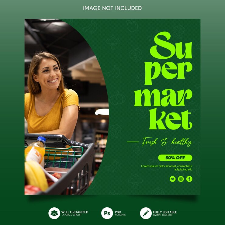 Publicaciones de instagram de supermercado de diseño plano
