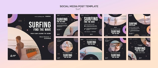 Publicaciones en redes sociales de lecciones de surf