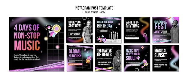 Publicações no Instagram de festas de música house