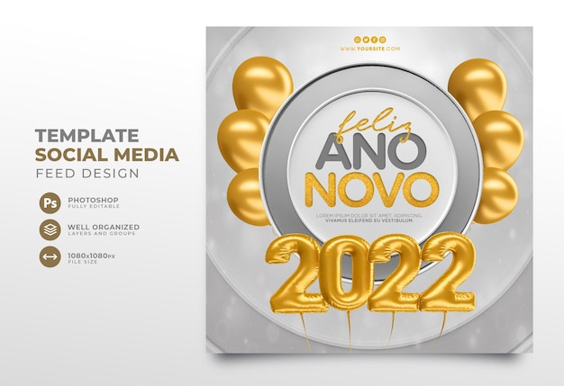 Publicar el año nuevo 2022 en las redes sociales en portugués plantilla de renderizado 3d para campaña de marketing en Brasil
