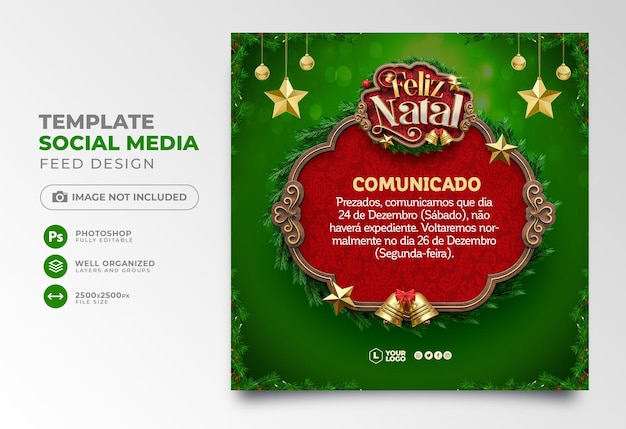 PSD publicar anúncio importante de mídia social feliz natal renderização 3d em português brasileiro