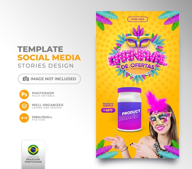 PSD publicar carnaval de ofertas en redes sociales en brasil plantilla de renderizado 3d para campaña de marketing en portugués