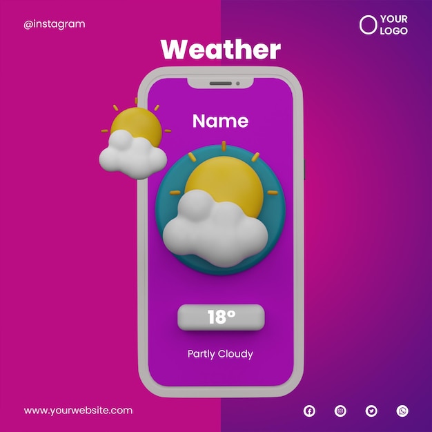 Publicar el clima en las redes sociales y el icono del teléfono 3d render