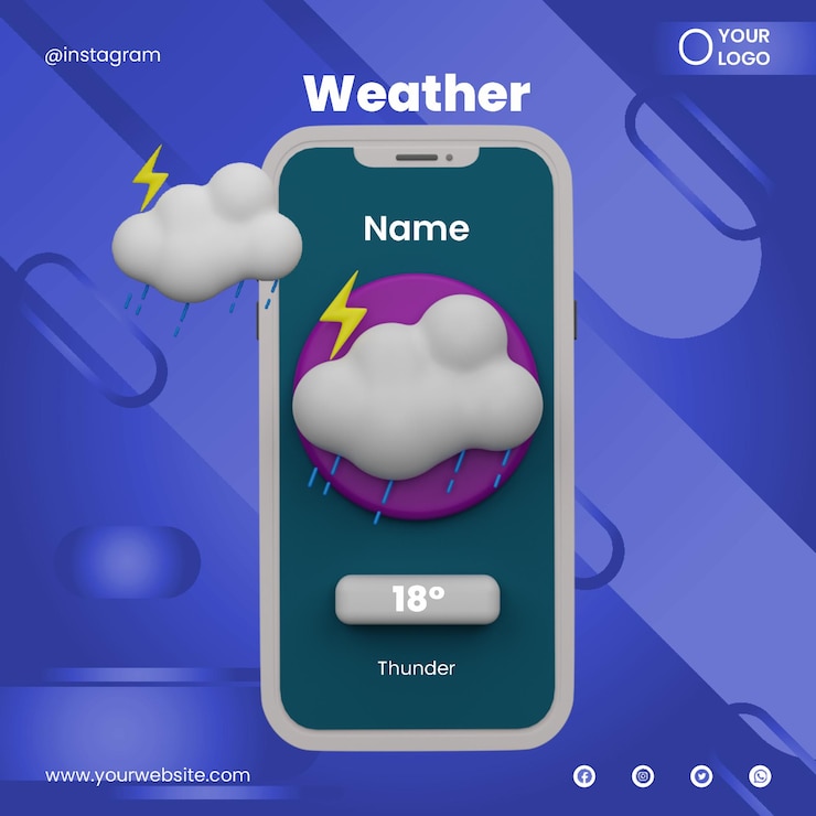 PSD publicar el clima en las redes sociales y el icono del teléfono 3d render