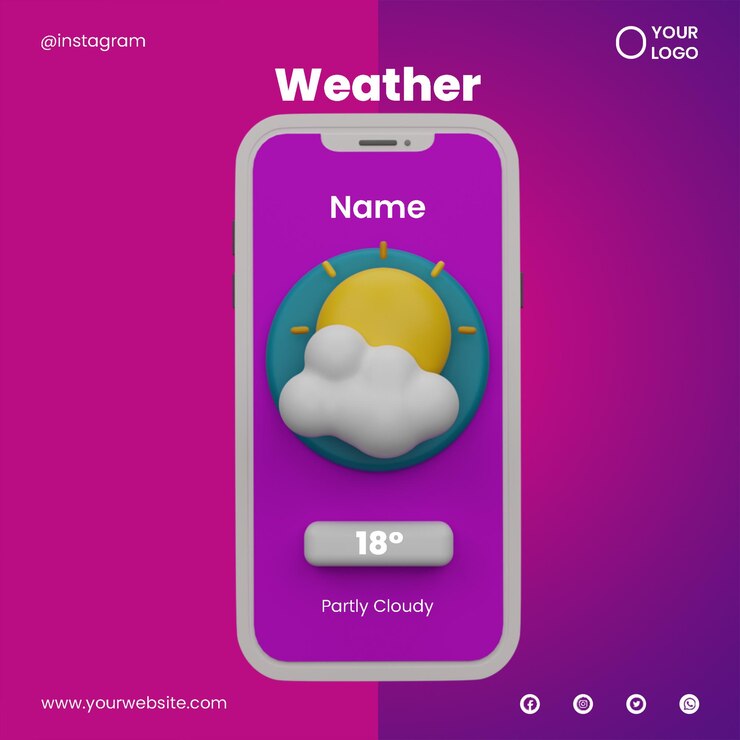 PSD publicar el clima en las redes sociales y el icono del teléfono 3d render