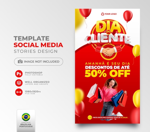 Publicar el día del cliente en las redes sociales en portugués 3d para la campaña de marketing en brasil