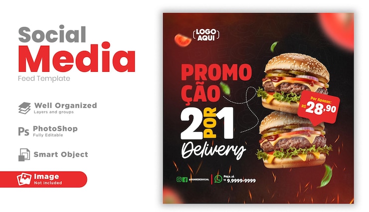 PSD publicar diseño de plantilla de instagram de hamburguesa en redes sociales en portugués para campaña de marketing en brasil