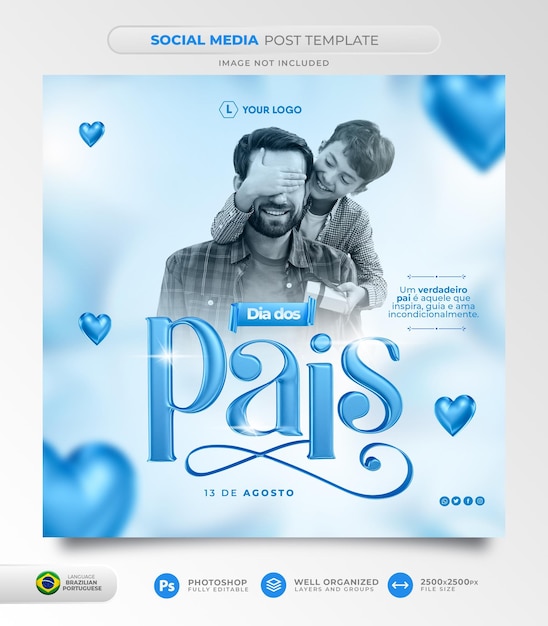 PSD publicar diseño de plantilla de renderizado 3d del día del padre en redes sociales en portugués
