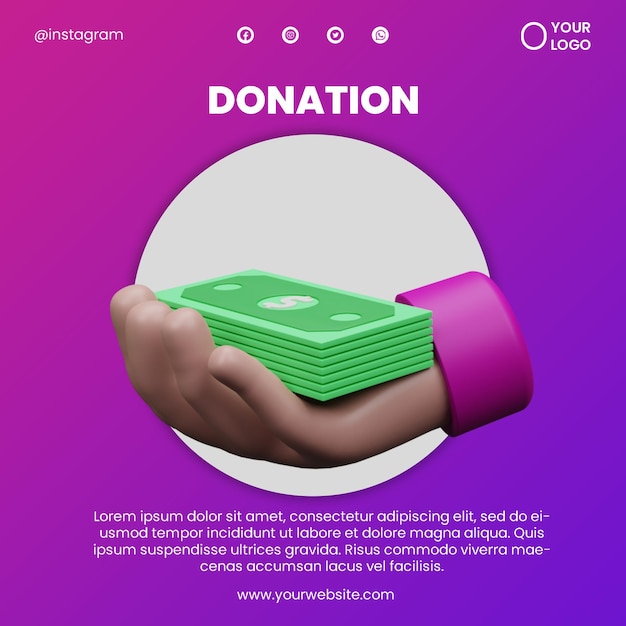 Publicar donación en redes sociales y renderizado 3d de icono de mano