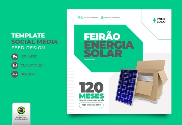 Publicar energia solar de mídia social em renderização 3d portuguesa para campanha de marketing no brasil