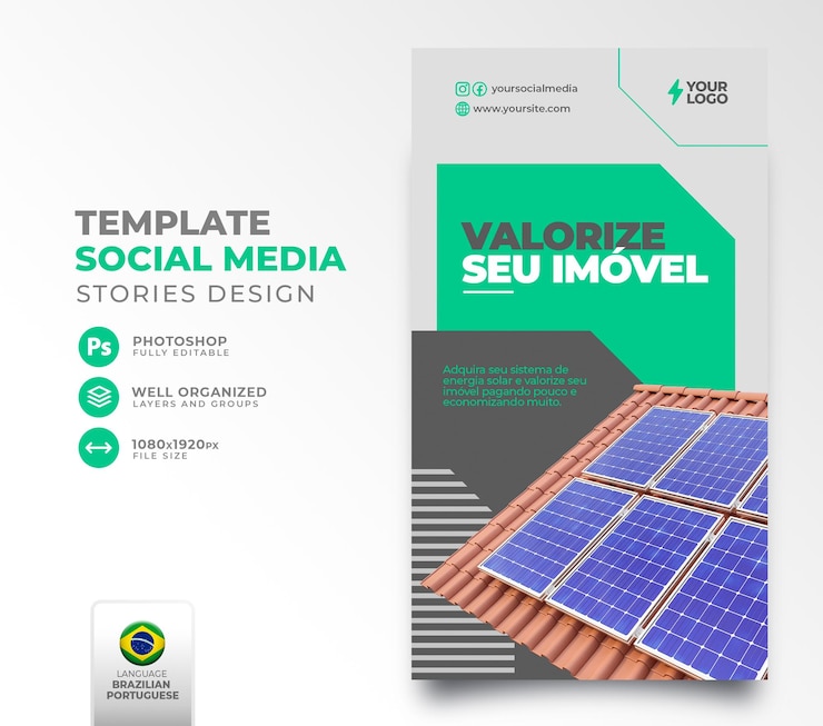 PSD publicar energia solar de mídia social em renderização 3d portuguesa para campanha de marketing no brasil