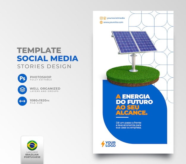 Publicar energia solar de mídia social em renderização 3d portuguesa para campanha de marketing no brasil