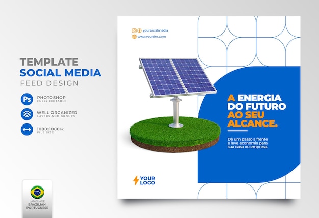 Publicar energía solar en redes sociales en portugués 3d render para campaña de marketing en brasil