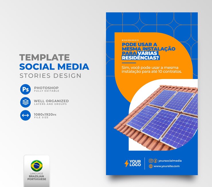 PSD publicar energía solar en redes sociales en portugués 3d render para campaña de marketing en brasil