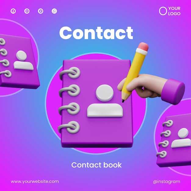 Publicar el libro de contactos de las redes sociales y la mano con el icono 3d render