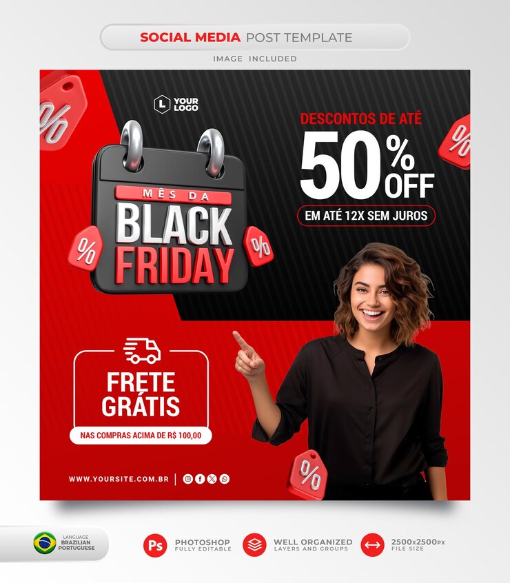 PSD publicar el mes negro en las redes sociales en portugués, renderizado 3d para campaña de marketing en brasil