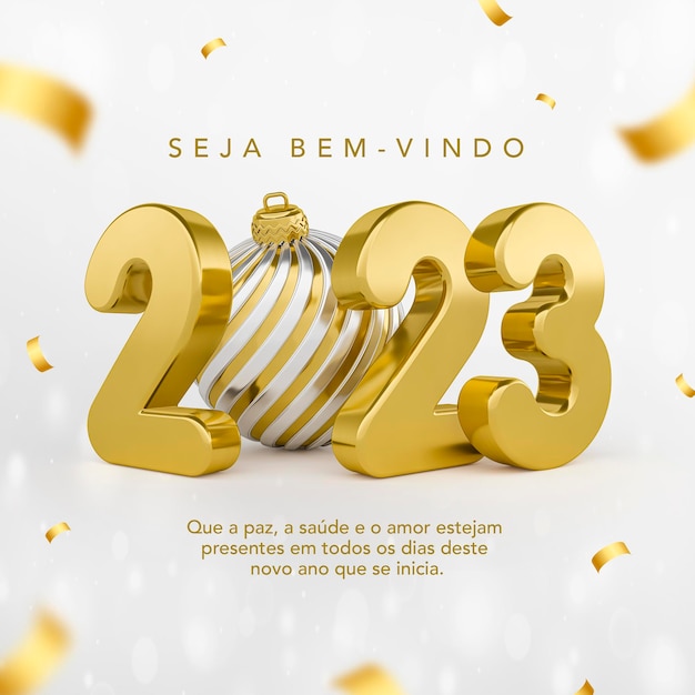 PSD publicar mídia social ano novo 2023 em modelo de renderização 3d em português para campanha de marketing no brasil