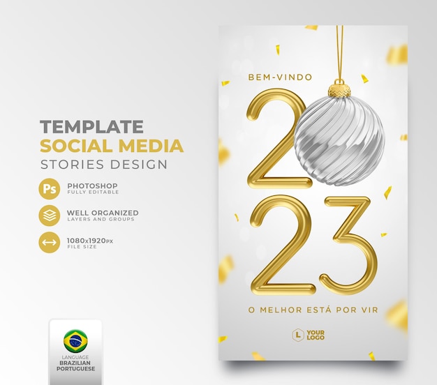 PSD publicar mídia social ano novo 2023 em modelo de renderização 3d em português para campanha de marketing no brasil