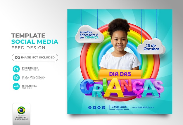 PSD publicar mídia social do dia da criança 3d render no brasil template design em português