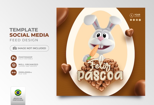Publicar mídia social feliz páscoa em renderização 3d em português para campanha de marketing no brasil