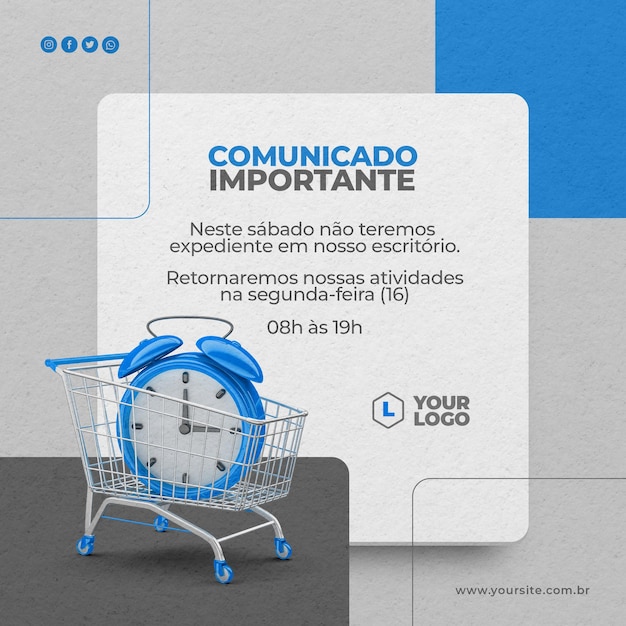 Publicar nas redes sociais um anúncio importante com o ícone de relógio e compras 3d renderizado em português