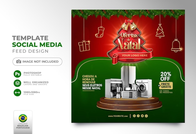 Publicar navidad en las redes sociales en portugués 3d render para campaña de marketing en brasil diseño de plantilla