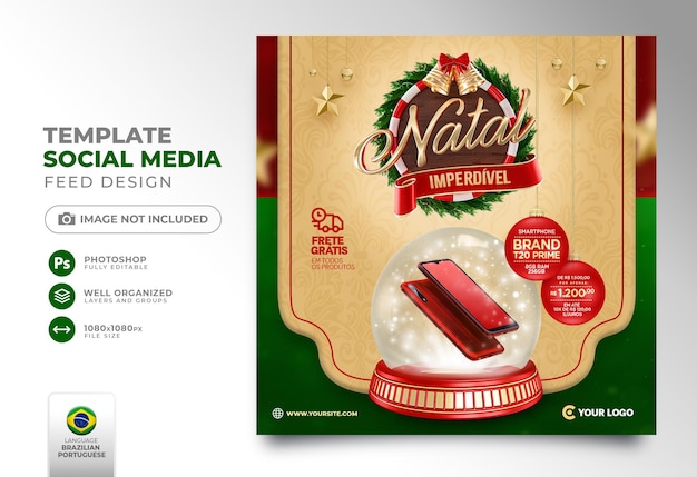 PSD publicar navidad en las redes sociales en portugués 3d render para campaña de marketing en brasil diseño de plantilla