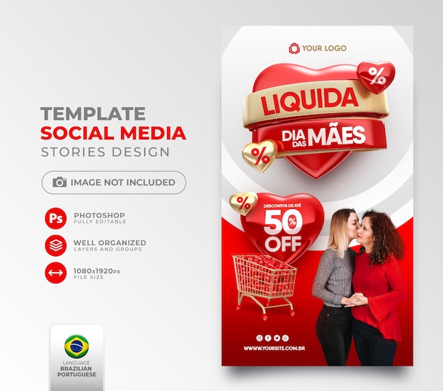 Publicar oferta de Dia das Mães nas redes sociais em português renderização 3d para campanha de marketing no Brasil