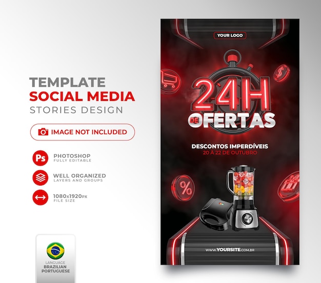 Publicar ofertas de 24 horas en las redes sociales en brasil render 3d plantilla en portugués para marketing