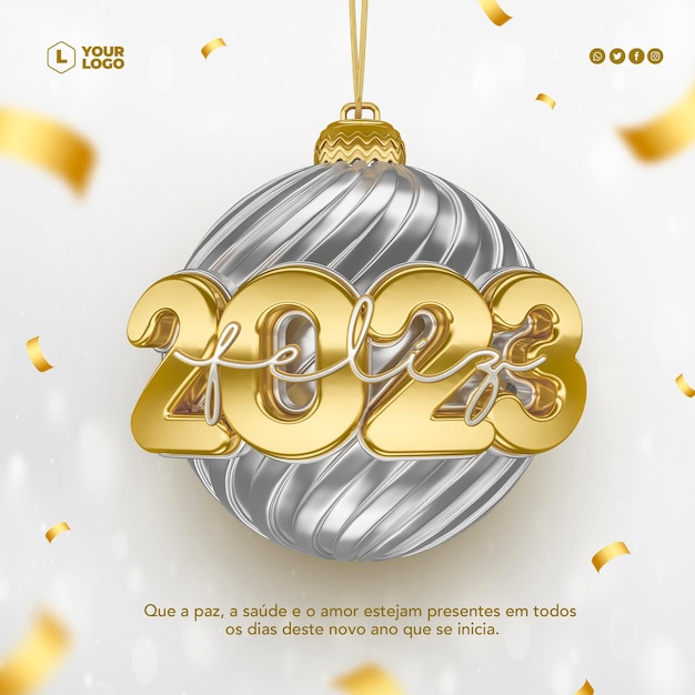 Publicar redes sociales año nuevo 2023 en portugués plantilla de renderizado 3d para campaña de marketing en brasil
