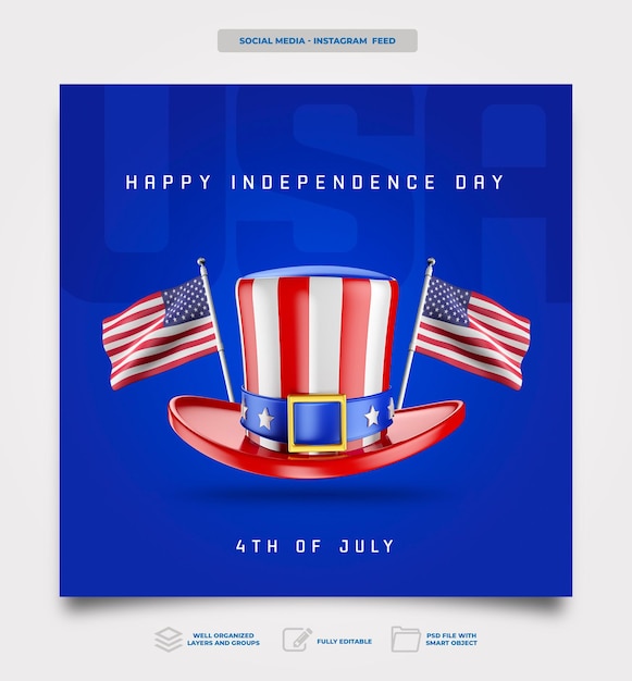 PSD publicar en las redes sociales el día de la independencia estadounidense en el diseño de plantilla de celebración de renderizado 3d