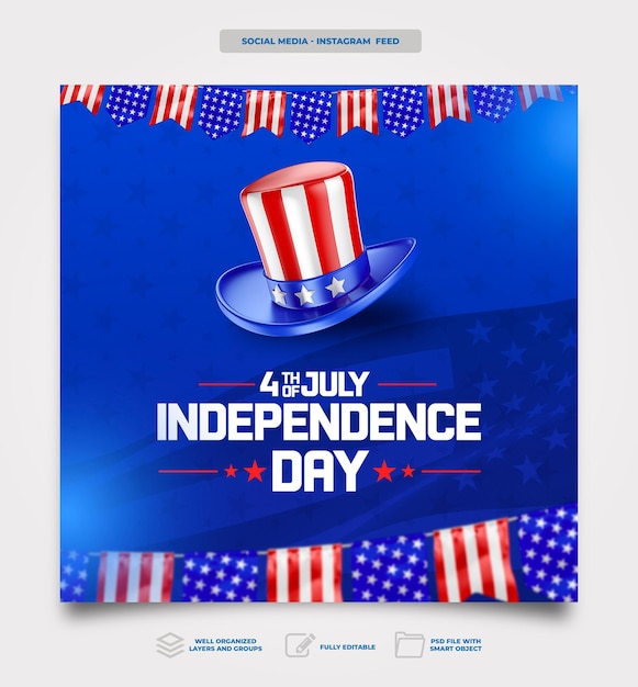 PSD publicar en las redes sociales el día de la independencia estadounidense en el diseño de plantilla de celebración de renderizado 3d