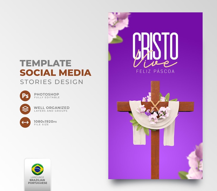 PSD publicar en las redes sociales felices pascuas para el cristianismo en portugués 3d render