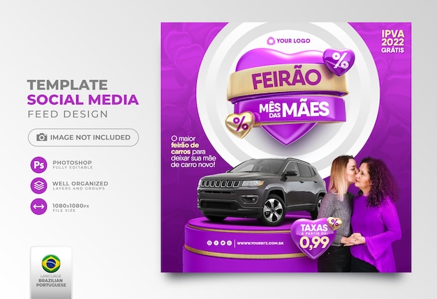 PSD publicar en las redes sociales la feria del mes de la madre en portugués 3d renderizado para la campaña de marketing en brasil