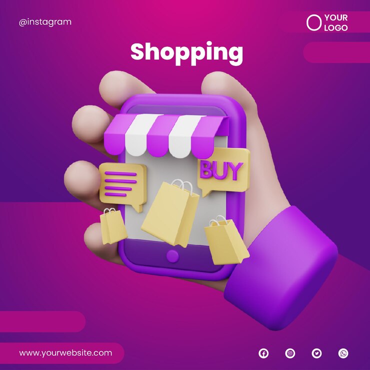 PSD publicar teléfono de mano en redes sociales con render 3d de icono de tienda