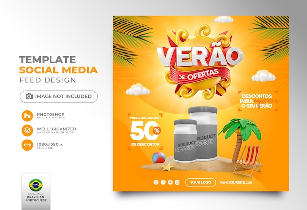 Publicar verano de ofertas en redes sociales en brasil plantilla de render 3d para campaña de marketing en portugués