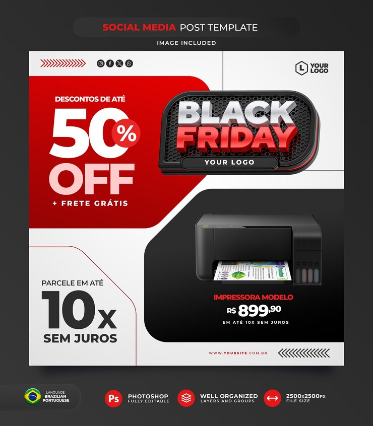 PSD publicar el viernes negro en las redes sociales en portugués, presentación 3d para campaña de marketing en brasil