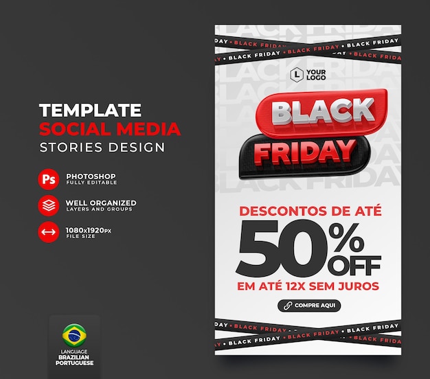 PSD publicar el viernes negro en las redes sociales en portugués, presentación 3d para campaña de marketing en brasil